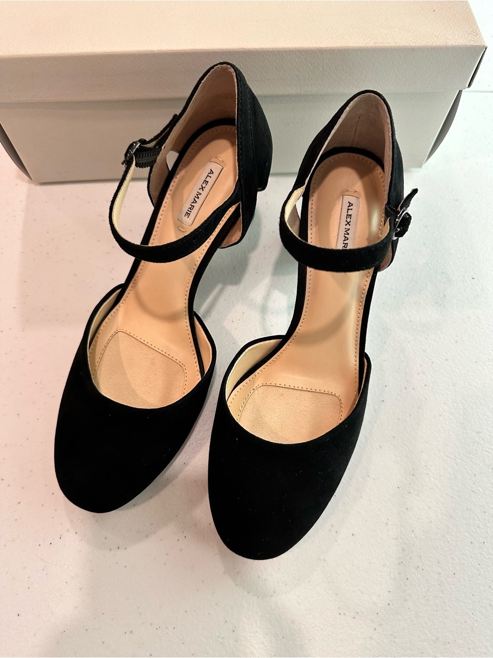 Alex Marie Black Suede Ankle-Strap Block Heels